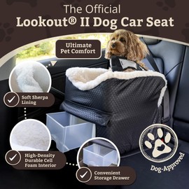 Snoozer Dog Car Seat with Storage Tray: Lookout II Car Seat for Small Dogs Under 25lbs, Size: Medium, Fabric: Black Diamond, Pet Car Seat to Alleviate Car Sickness for Dogs, Removable Washable Cover