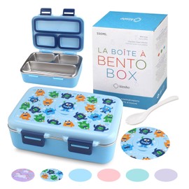 Stainless Steel Lunch Box for Baby Toddlers Boys, Mini Bento, 3 Eco Metal Portion Sections Leakproof Lid, Pre-School Daycare Lunches, Kids Spill-Proof Snack Container, 18 oz/ 550 mL Blue Cute Monster