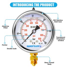 HANSFELDS 0–60 bar Manometer Glycerin Gefüllter 63 mm G1/4 Anschluss von unten