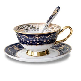 Eplze® YBK Tech Euro Style Bone China Cup& Saucer Set, Ceramic Tea Coffee Cup for Home Kitchen Wedding (Royal Pattern- Deep Blue)