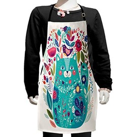Ambesonne Cat Apron, Kitty Surrounded by Birds Flowers Ladybugs Inspirational Folk Theme, Small Apron Bib with Adjustable Ties for Baking Painting, Small Size, Multicolor Seafoam