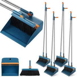 Suclain 4 Set 8 Pcs Broom and Dustpan Set 47 Inch Long Handle Broom and Dustpan Set Broom and Dust Pan Brooms for Sweeping Indoor Household Dustpans for Indoor Outdoor Kitchen Floor (Blue)