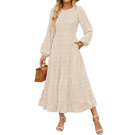 ZESICA Women's Fall Long Sleeve Maxi Dresses 2025 Crew Neck Swiss Dot Tiered Flowy A Line Casual Boho Party Dress Beige XX-Large