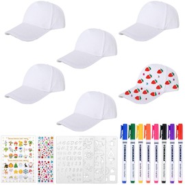 Pack of 6 DIY Cap White Cotton Baseball Cap Children's Caps for Painting Sports Baseball Caps for Children with 8 Watercolour Pencils Graffiti Cap Craft Set for Gift Ideas Boys Girls with Gift Box