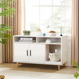 Mdeam Cat Litter Box Enclosure, Hidden Litter Box Furniture with Front Entry, 2-Door Storage Cabinet, 2 Compartments, Scratcher Pad, Air Vents, Wooden Cat House Side End Table (White)