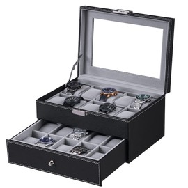 BEWISHOME Watch Box Organizer 20 Men Women Display Storage Case Metal Hinge Black PU Leather Glass Top Large Holder SSH04B