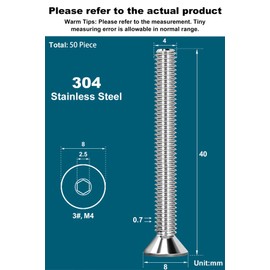 Drenky M4 X 40mm Screws, M4 Socket Screws 50 Pcs Hex Screws DIN 7991 / ISO 10642 Rustproof Machine Screws 304 Stainless Steel Hex Socket Countersunk Bolts, Fully Thread