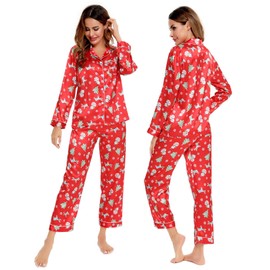 SWOMOG Womens Silk Satin Pajamas Long Sleeve Loungewear Two-Piece Sleepwear Button-Down Pj Set