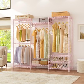 VIPEK V5 Portable Closet Wardrobe Heavy Duty Clothes Rack for Hanging Clothes, 70 inch Freestanding Closet Rack Metal Clothing Rack with 8 Adjustable Shelves & 4 Hang Rods, Max Load 890LBS, Pink