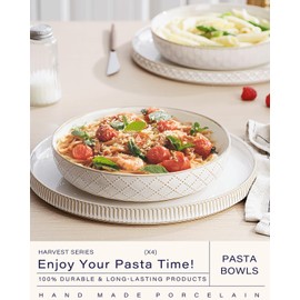 getstar Pasta Bowls, Large Salad Serving Bowls (8.2 inch/35 oz), Ceramic Bowl Plates Set of 4, Farmhouse Embossments, Microwave and Dishwasher Safe