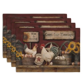 Wnoesat Farmhouse Rooster Placemats Set of 4 Farm Animal Chicken Place Mats 12x18 Inch Vintage Rustic Country Linen Table Mat Washable Non-Slip Placemat for Party Kitchen Dining Decor