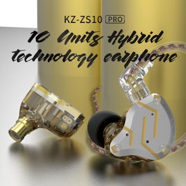 Yinyoo KZ ZS10 Pro Earphones 4BA 1DD Hybrid IEM, Hifi In Ear Headphones Earbuds 0.75mm 2 pin Cable, 1 Dynamic 4 Balanced Armature Driver KZ Headsets (Glare Gold, With mic)