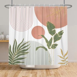Sillsloso Mid Century Boho Shower Curtain 72x72 inch, Abstract Modern Sun Minimalist Aesthetic Shower Curtain, Bohemian Geometric Arch Curve Leaves Neutral Art Fabric Bathroom Decor Pink