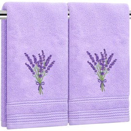 JarThenaAMCS 2Pcs Lavender Floral Hand Towels Purple Flower Cotton Bathroom Towel Spring Dish Towel for Drying Cleaning Cooking, 13.7 x 29.5 Inch