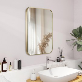 Umzodo 20"x30" Brushed French Gold Mirror for Wall, Gold Rounded Rectangle Mirror with Metal Frame Hanging for Bathroom Entryway Vanity,Living Room,Bedroom,Vertical or Horizontal