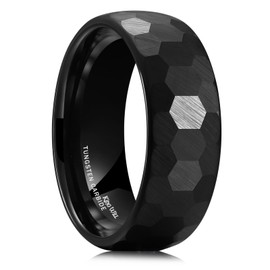 King Will Tungsten Carbide Wedding Band for Men - 8mm Black Hexagon Hammered Design Matte Finish Ring for Everyday Wear Comfort Fit 8.5