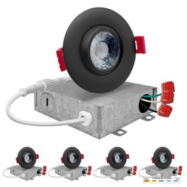 Quest LED 3 Inch Adjustable Gimbal LED Round Canless Recessed Lights Black Trim (4 Pack), 5 CCT: 2700K - 5000K Selectable, 8 Watt 600 Lumens, CRI 90, Recessed LED Lights, Dimmable, 5000K Day Light