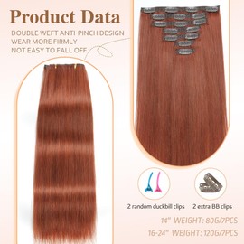 HotLulana Clip-In Real Hair Extensions, 120 g, 7 Pieces, 50 cm, Dark Red Brown Extensions, Real Hair, Invisible Clip Extensions, Real Hair, Remy Real Hair Extensions, 20 Inches, Skin Weft Clip-In Hair