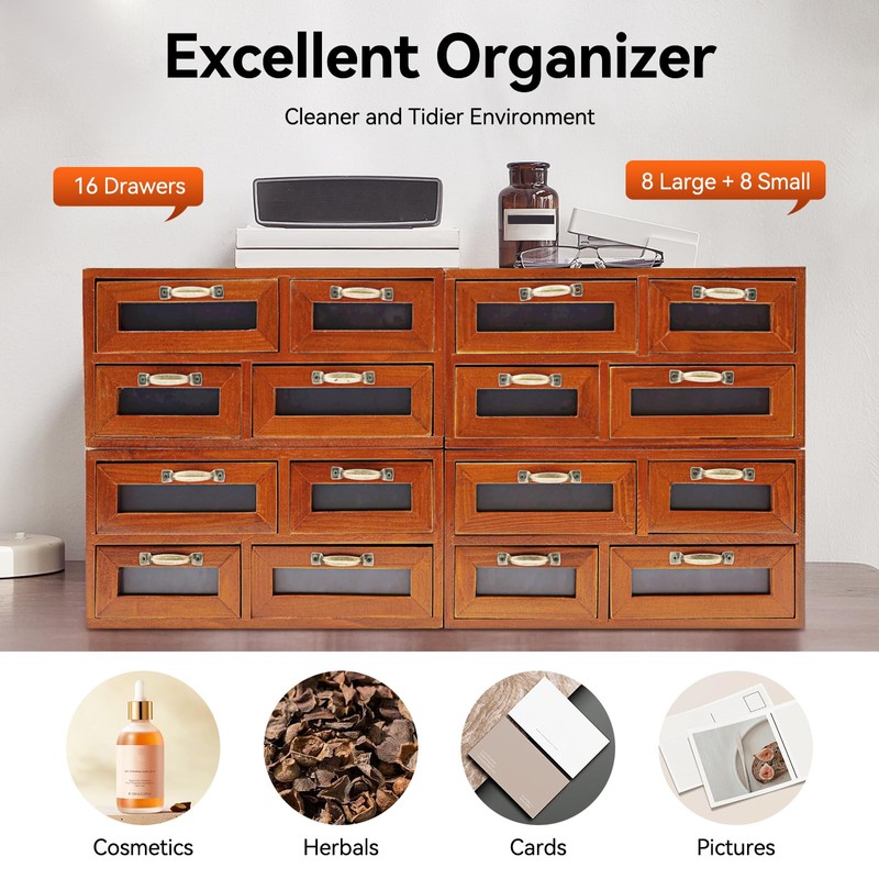 ILWorkTLs 16 Drawers Wooden Storage Box,Desktop Storage Cabinet with Handles,Stackable