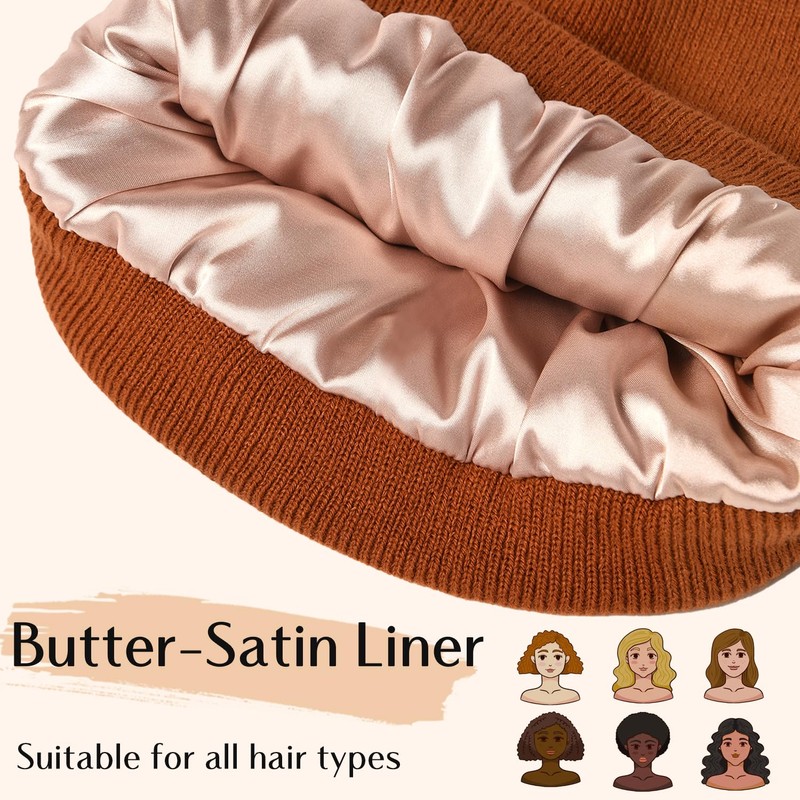 HONGTEYA Womens Satin Lined Knit Beanie Hat (US, Alpha, One