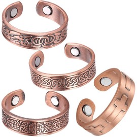 BioMag 4 Copper Rings for Men, 99.99% Solid Pure Copper, 4pcs 3500 Gauss #9 Rings, Vintage & Cross Pattern Adjustable Cuff Ring