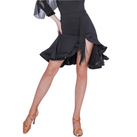 Z&X Women's Latin Salsa Dance Skirt Hi-Lo Fishbone Ruffle Swing Skirt Ballroom Fringe Dancing Skirts with Shorts Tag L, Black
