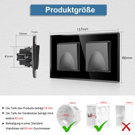 CNBINGO Waterproof Double Socket with Lid - Schuko Socket with Claws - Double Wall Socket with Glass Panel - EU Standard Socket Flush-Mounted with Hinged Lid - 2 Compartments Black