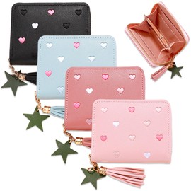 4 PCS Tassel Zipper Wallet Star Pendant Purse Cute PU Leather Purses Pocket Purses with Embroidery Hearts Waterproof Lightweight Small Purse for Girls Kid Childrens Teenagers Women Gift
