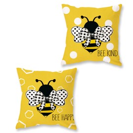ONWAY Bees Summer Throw Pillow Covers 20x20 Inch Set of 2 Stripes Polka Dots Honey Bee Yellow Decorative Lumbar Farmhouse Cushion Case for Sofa Couch Home Bed