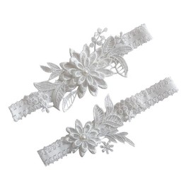 2 Pcs Wedding Garters Set for Bride,Hand Sewn Lace Floral Bridal Garter, Leg Ring Ornaments Garter with Stretch for Wedding (White)