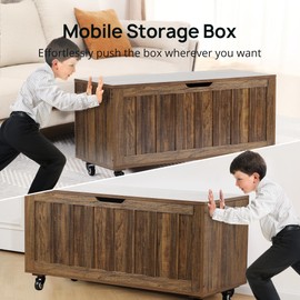 Storage Chest, 39.4'' Wooden Storage Bench with 4 Wheels & 2 Safety Hinges, Retro Toy Box Support 300 lbs for Bedroom, Living Room, Easy Assembly, Vintage Brown