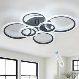 6-Rings LED Modern Ceiling Light Dimmable with Remote for Living Room, 31.5’’ Ceiling Lamp Plating Black 100W 3000K-6500K Metal Circle Flush Mount Chandelier Lighting Fixture for Bedroom Dining Room