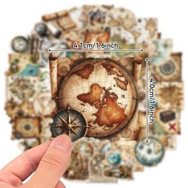 100Pcs Waterproof Vintage Map Stickers Bulk- Treasure Compass & Nautical Adventure Decals for Scrapbook, Water Bottles, Boys Room Decor | Explorer Gift Pack for Teachers Students, Journal Planners