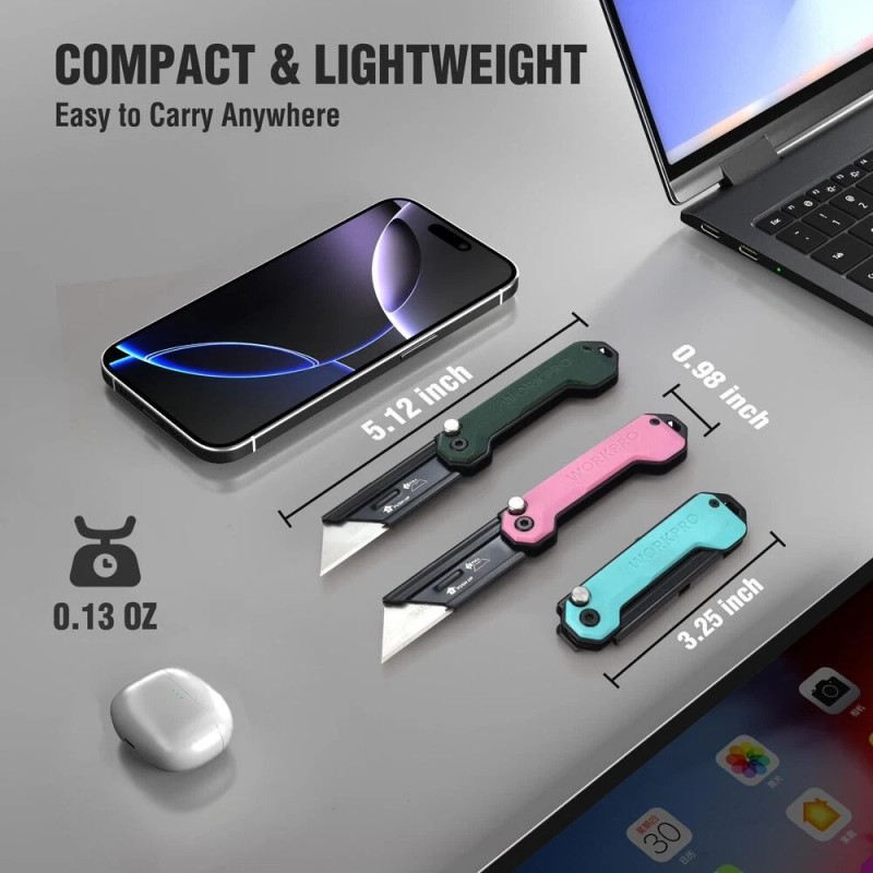 WORKPRO 3Pack Folding Utility Knife Quick Change Blade Razor Knife