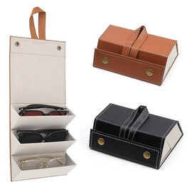 MUNTE 2 Stück Brillenetui mit 3 Fächern, Faltbar Brillenetui Leder, Sonnenbrillen Aufbewahrung, Schön Und Langlebig, für Zuhause, Büro, Reisen (Schwarz, Khaki)