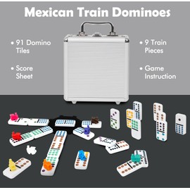 DAILYLIFE Mexican Train Dominoes Set, Double 12 Dominoes Set with Portable Case, 91 Tiles Colored Dominoes Set for Adults, Travel Mexican Train Games for Family Night, Travel, Party