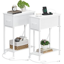 Vagusicc End Table Set of 2 with Charging Station, Narrow Side Table with Outlet, Skinny Nightstand with Fabric Drawer, Small Night Stand End Tables Living Room, Bedside Table for Bedroom Small Spaces