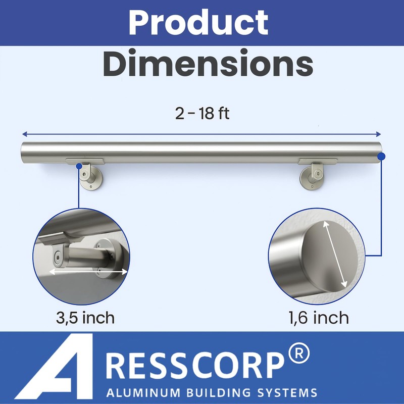 3FT Aluminum Handrail Kit for Indoor/Outdoor Stairs (2–18 FT Available)