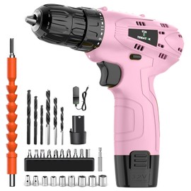 Tegatok Cordless Drill Set,12V Power Drill Set with Battery and Charger, Electric Driver Drills Bits, 3/8'' Keyless Chuck,18+1 Torque Setting with LED Electric Drills Set, Pink