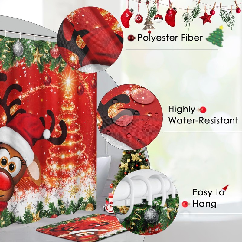 Bribay 4 Piece Christmas Shower Curtain Sets, Christmas Deer Pine