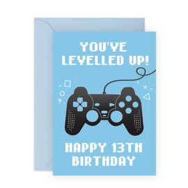 CENTRAL 23 Fun 13th Birthday Card for Boys - 'You've Levelled Up!' - Happy Thirteenth Birthday - Thirteen Year Old - Age 13 - Blue Greeting Card for Gamers - For Teenager - Son, Grandson, Him