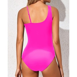 Tempt Me - Traje de baño de una pieza para mujer, con control de abdomen y un hombro, traje de baño asimétrico fruncido, Rosa encendido, XX-Large