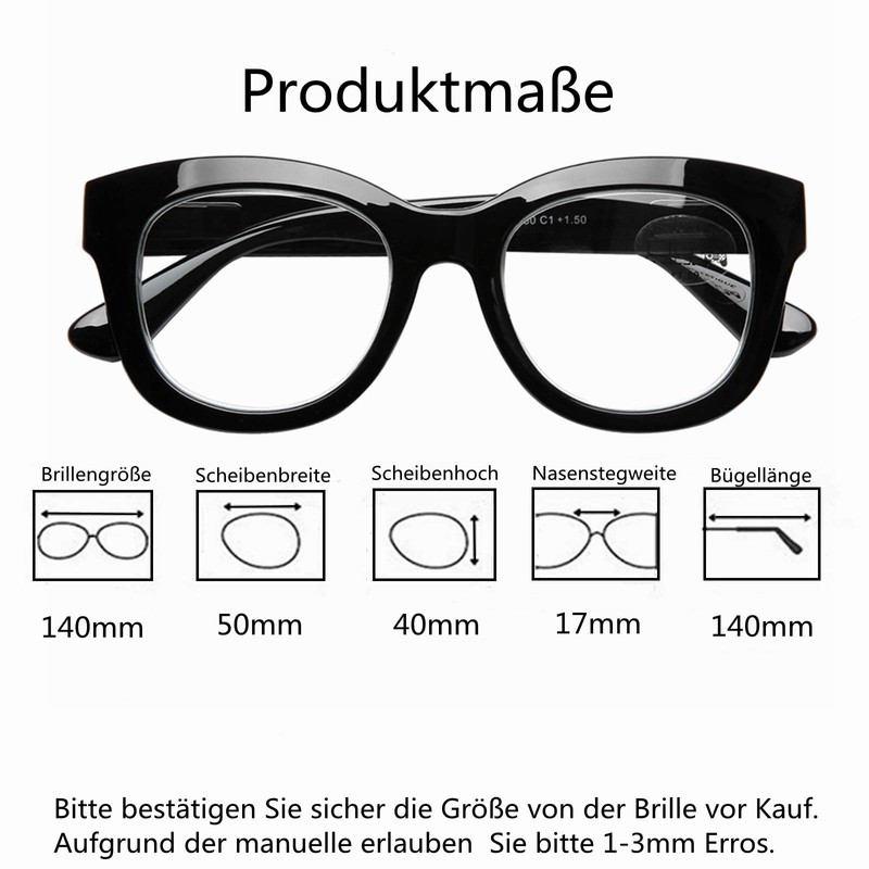 DOOViC Blaulichtfilter Lesebrille Schwarz Damen 2,25 - Großer Rahmen Breite