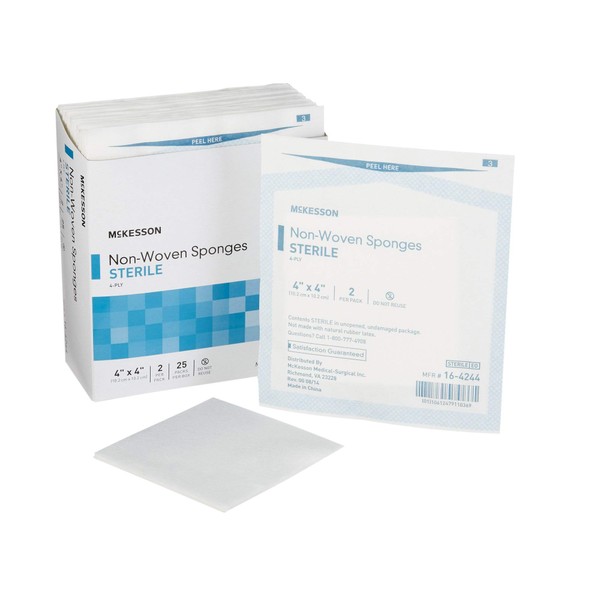 McKesson Non-Woven Sponges, Sterile, 4-Ply, Polyester / Rayon, 4 in x 4 in, 2 Per Pack, 600 Packs, 1200 Total