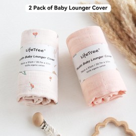 LifeTree Muslin Baby Lounger Cover Neutral, 2 Packs Newborn Slipcover Lounger Cover for Boys Girls Infant, Soft Organic Cotton, Cover Only, Flower and Peach Pink Pattern, 30.7in x 20in