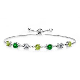 Gem Stone King 3.34 Ct Round Green Peridot Green Created Emerald 925 Sterling Silver Lab Grown Diamond Tennis Bracelet For Women (Fully Adjustable Up to 9 Inch)