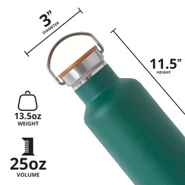 Elemental Classic Stainless Steel Water Bottle - 25oz Leak Proof Double Wall Insulated Water Bottle for Travel, Gym, Sports and Hydration - Thermos Water Bottles with Bamboo Lid - Forest Green