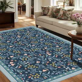 Vintage Blue Floral Area Rug 5x7, Soft Machine Washable Boho Rugs for Living Room Bedroom, Non Slip Low Pile Stain Resistance Indoor Retro Floor Carpet for Farmhouse Dining Room Office (5x7 Blue)