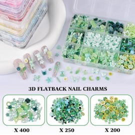 850 Piezas 3D Mariposa Rosa Flor Arco Conejo Oso Encantos de Uñas Kit Con Nail Art Rhinestones Perlas Cristal Gemas Rebanadas de Uñas para Manicura Diy Artesanías Accesorios de Joyería(Verde)