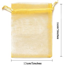Jwsqmc 5x7 Inch Organza Gift Bags with Drawstring for Jewelry,Candy,Set of 100 Gold Glitter Sachet,Sheer Fabric Mesh Satin Pouches for Baby Shower,1st Birthday,Party Favors,Wedding,Bridal Shower,Hotel